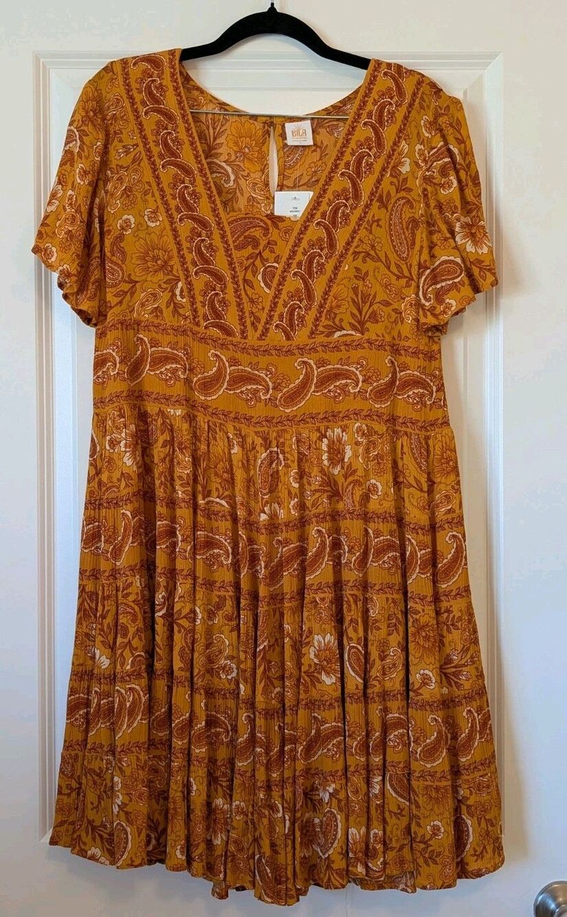 Bila Size Small Marigold Orange Paisley Floral Bohemian Midi Dress NWT